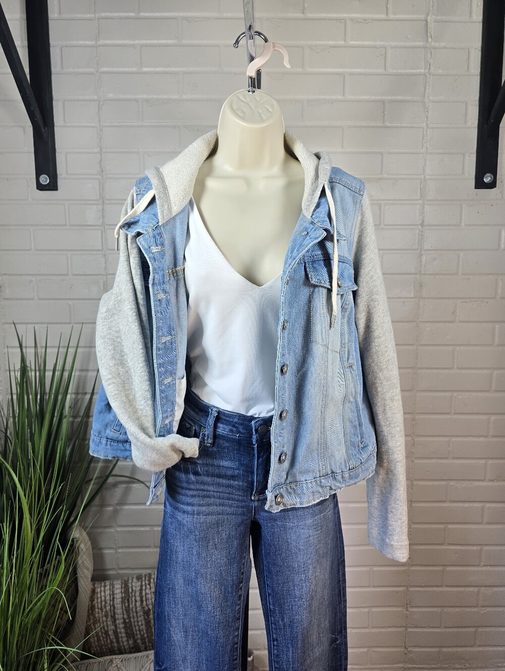 Maurices Light Blue Denim Jacket with Gray Hooded Sleeves Size XL